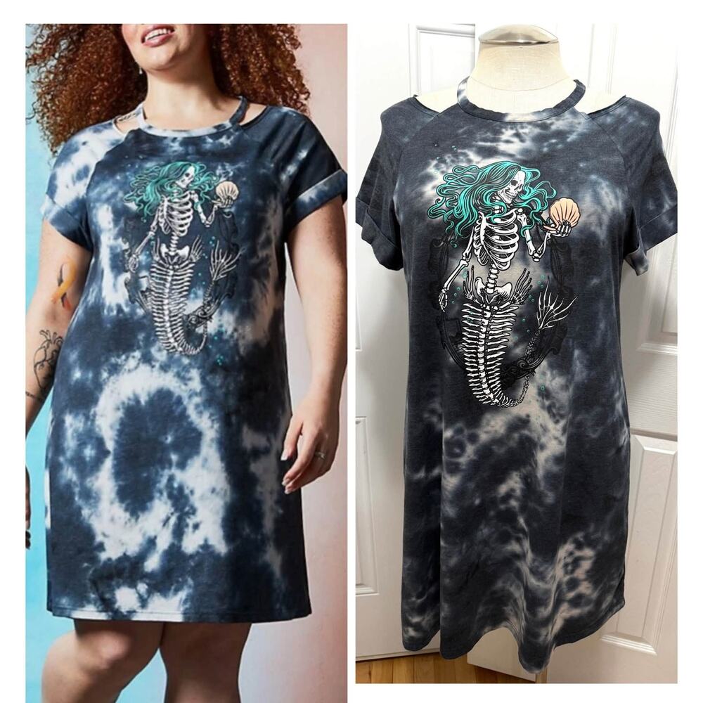 Torrid 1 Lovesick Skeleton Mermaid Tie Dye T-Shirt Mini Dress Cold Shoulder 1X
